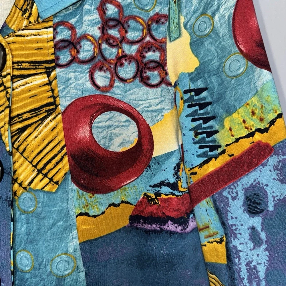 Multiples Abstract Art Print Button‎ Collared Ruffle Pockets Jacket Women's S